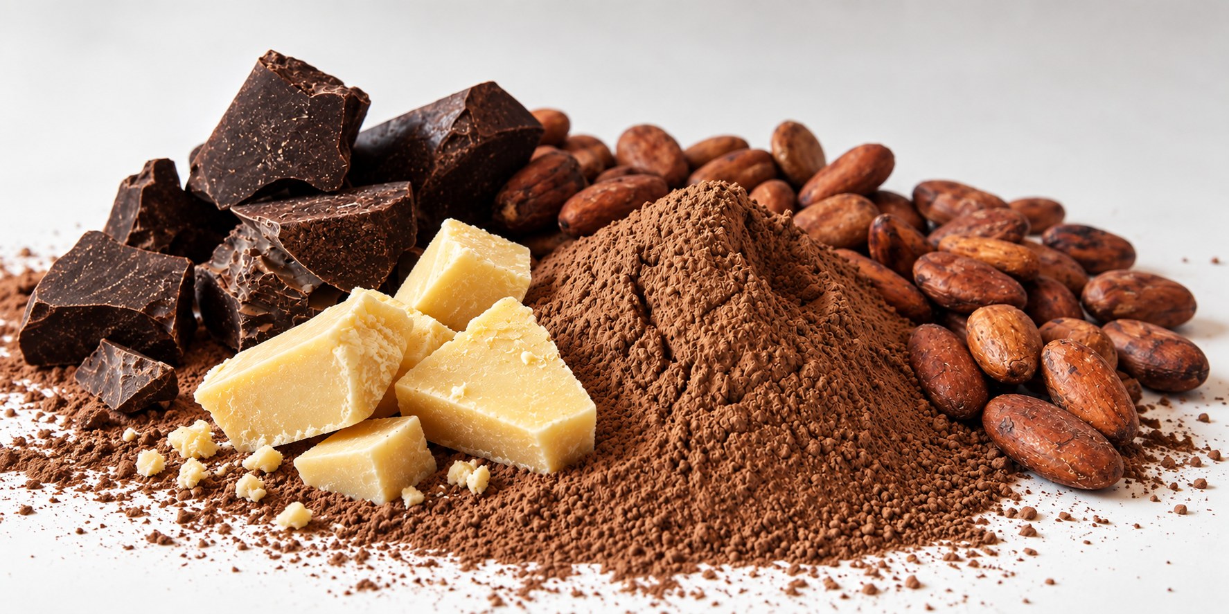 Cocoa butter, cocoa mass, cocoa powder and cocoa beans