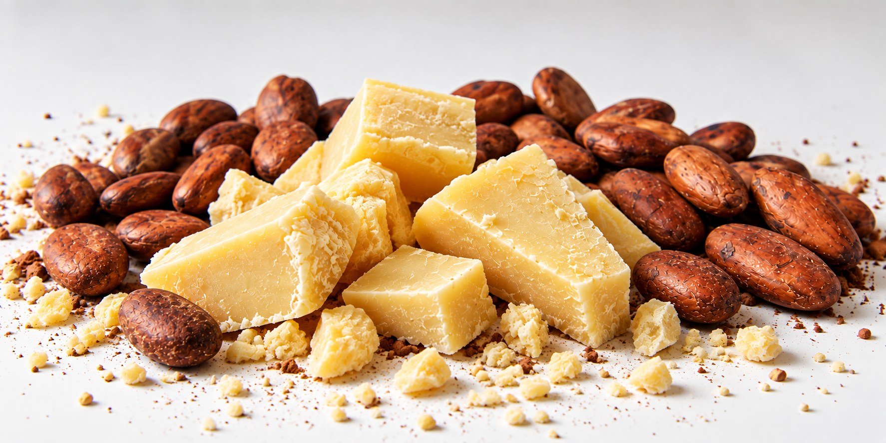 Blocks of cocoa butter with cocoa beans