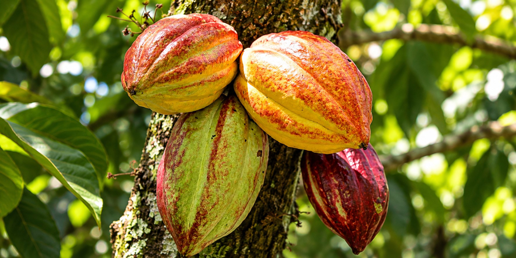 Cluster of Venezuelan cacao pods on the tree